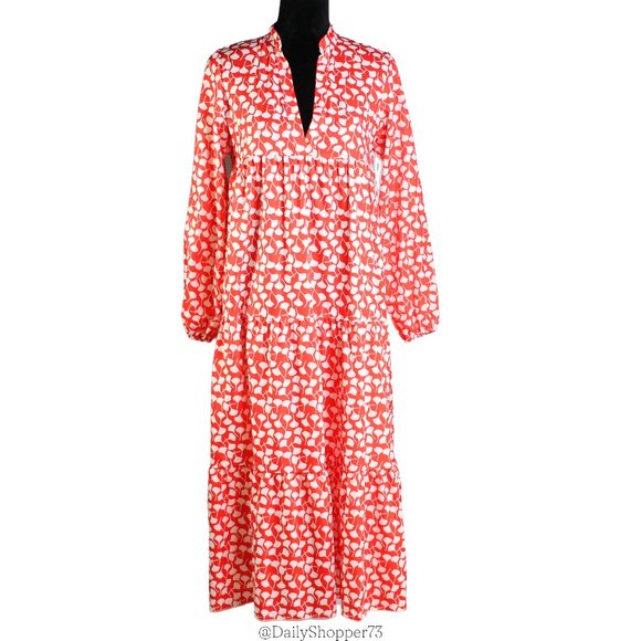 Dresses & Skirts - Women's Ginkgo Leaf Patterned Tiered Flounce V-Neck Band Collar Maxi Dress